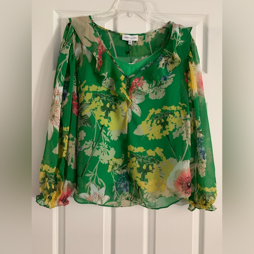 Women’s Gibson Latimer Floral Green Apple 3/4 Sleeve Blouse Size Small NWT